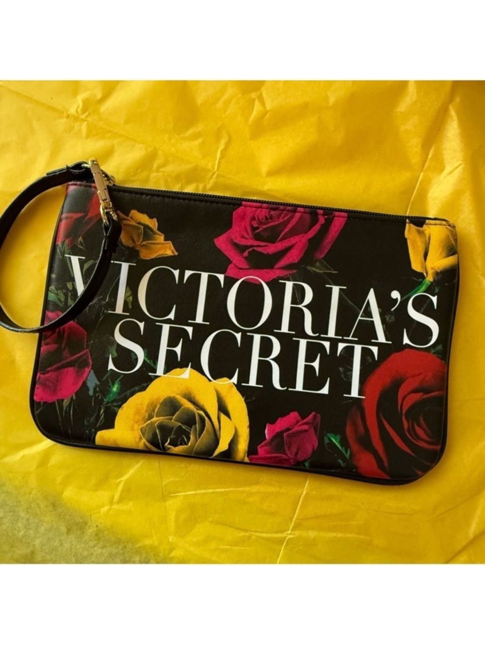 Victoria Secret Black Red Yellow & Pink Floral Wristlet Pouch Cosmetic Bag